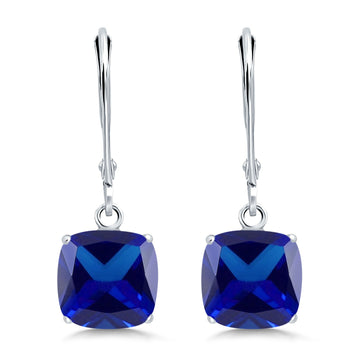 Cushion Cut Bridal Dangling Leverback Earrings Simulated Blue Sapphire CZ 925 Sterling Silver (3mm-10mm)